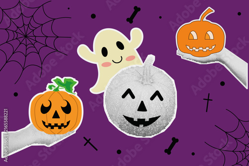 Halloween Pumpkin in Hand Halftone Collage Element