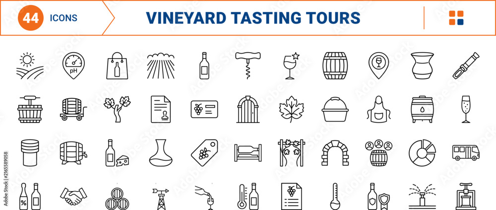 Naklejka premium Vineyard Wine Tour line icon set. Vector pictograms of winery, viticulture, tasting, and cellar elements, thin linear illustration.