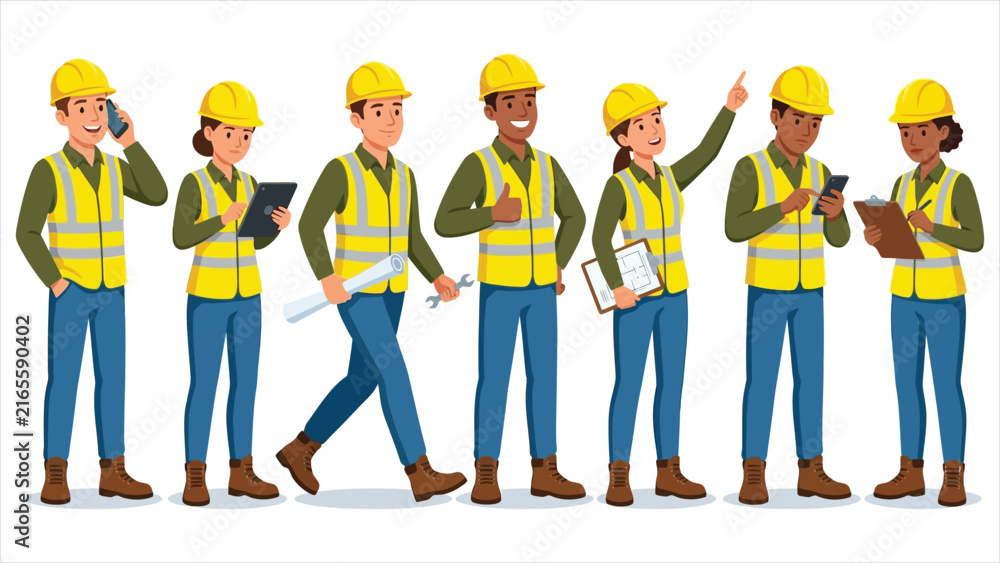 Obraz premium Industrial Site Engineers and Safety Inspectors Collection Diverse Civil Architects Technical Managers and Construction Crew Flat Graphic