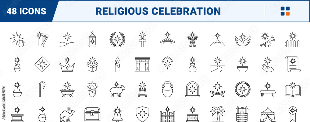 Fototapeta premium Religion line icon set. Vector pictograms of nativity, bethlehem, christmas, and celebration elements, thin linear illustration.