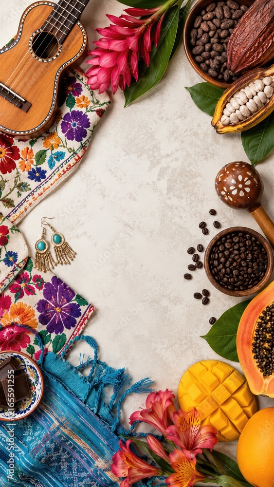 Fototapeta premium Flat lay border with guitar, cacao pod, coffee bean, tropical fruit and embroidered textile. Hispanic heritage and Latin culture concept. National Hispanic Heritage Month celebration background