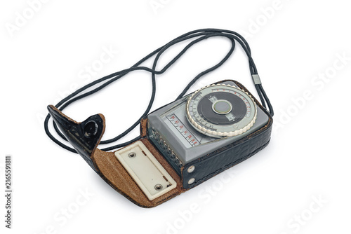 Cuadro en lienzo Vintage analog photographic light meter with leather case isolated on white