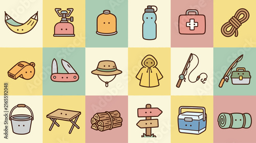 Konstfotografi Set of colorful camping and outdoor adventure icons in a flat vector style