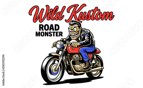 Foto Cartoon monster riding vintage motorcycle illustration
