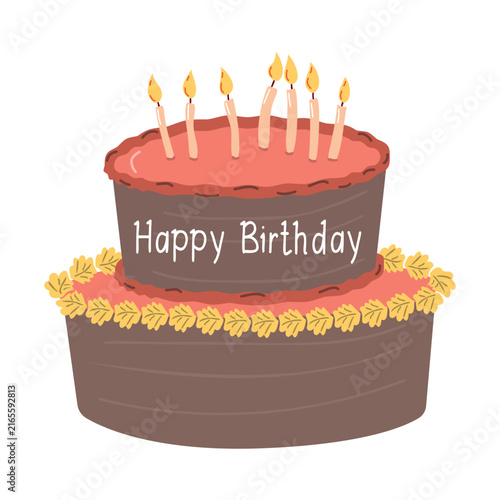Red birthday cake isolated on white. Pastry dessert decorated with cream and candles. Flat hand drawn design for postcards and stickers, birthday party invitation