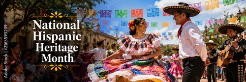 Woman and man dancing in colorful traditional Mexican costume at outdoor fiesta with mariachi band and papel picado. Banner with copy space