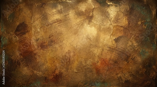 Luxury antique gold Halloween background featuring richly textured handmade parchment, aged metallic gold highlights, subtle bronze oxidation, distressed brush marks, and organic cracks. Warm central 