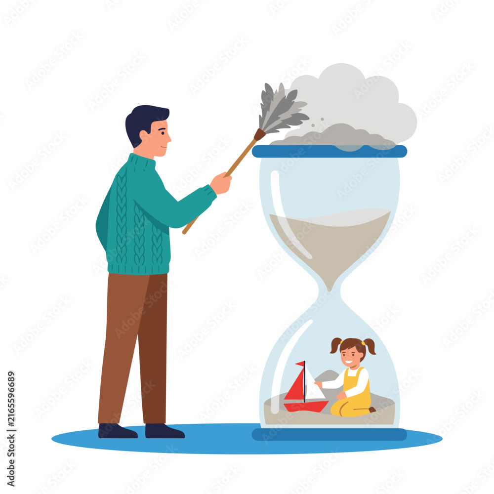 Fototapeta premium Man dusting giant hourglass with child playing inside | Time concept illustration