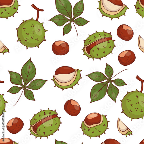 Chestnut Seamless Pattern. Leaves Whole, Open And Peeled Nuts In Green Spiky Husks Background. Hand Drawn.