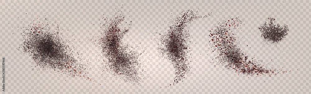 Fototapeta premium Coffee powder scatter set isolated on transparent background. 3d vector realistic illustration of chocolate or cocoa particles splash, brown dust texture, scattered cinnamon effect for food design