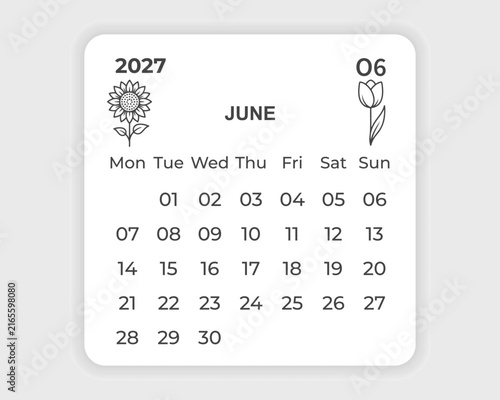 2027 calendar june month page template floral botanical line art planner design