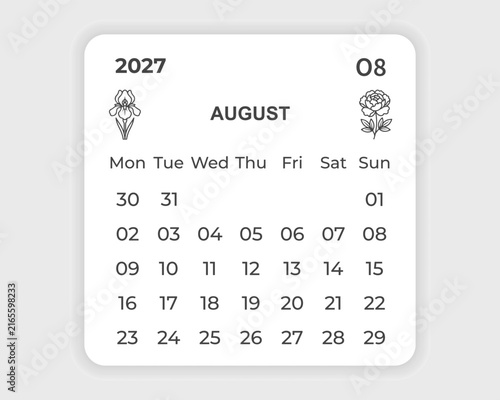 2027 calendar august month page template floral botanical line art planner design