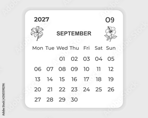 2027 calendar september month page template floral botanical line art planner template