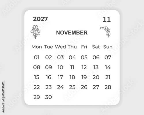 2027 calendar october month page template floral botanical line art planner design