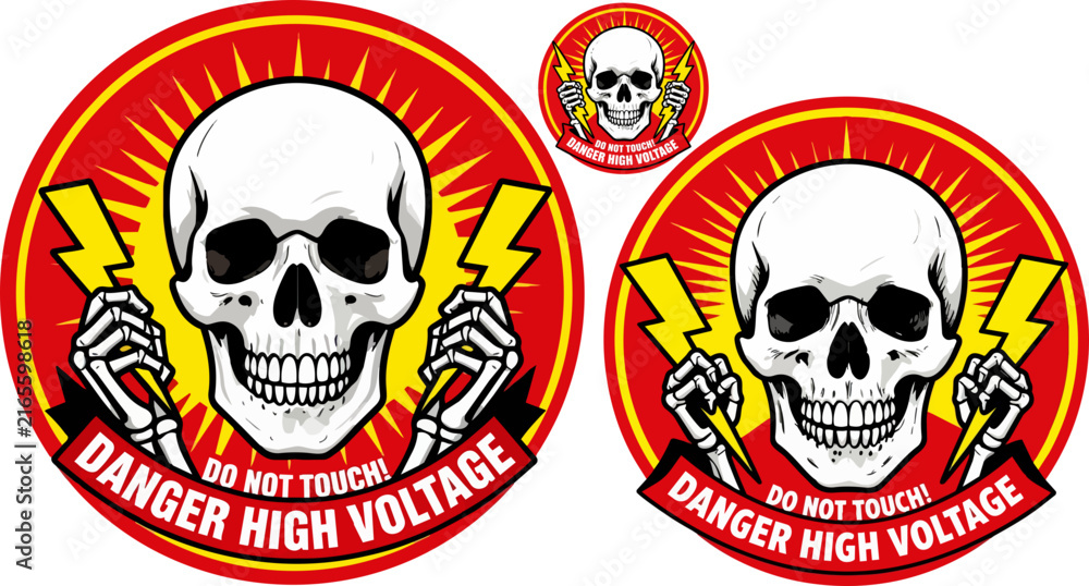 Fototapeta premium Danger high voltage warning sign with skull and lightning bolts, industrial safety hazard emblem, red and yellow electrical alert vector