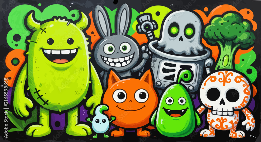 Naklejka premium Vibrant cartoon monster characters, playful doodle art collection, colorful creature group vector illustration for kids