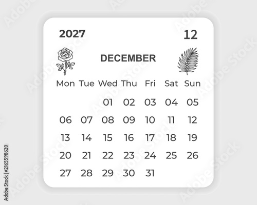 2027 calendar december month page template floral botanical line art planner template