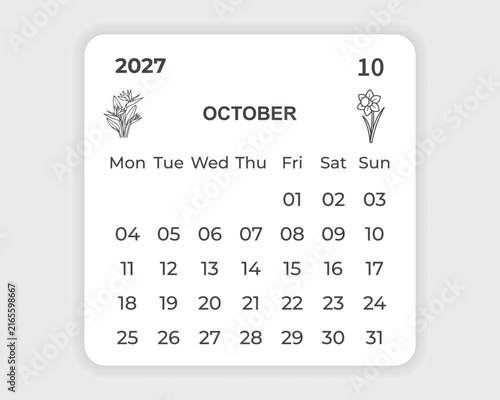 2027 calendar november month page template floral botanical line art planner template