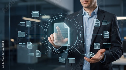 Obraz na płótnie Centralized document management network displaying secure data hub and cloud file sharing interface for enterprise information retrieval