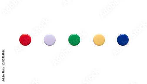 Set of five colorful round plastic pushpins in a row on a transparent background