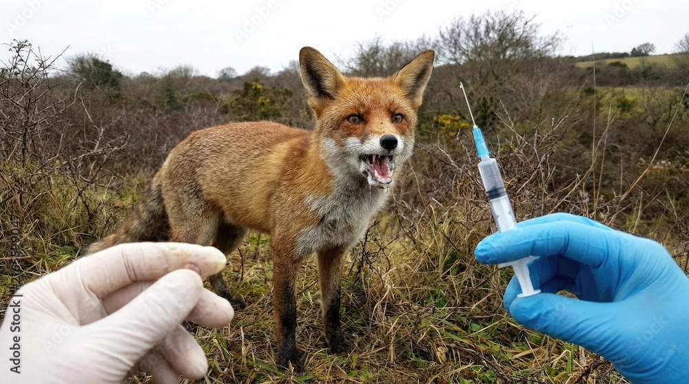 Naklejka premium Wild canine affliction: rabies threat, animal disease, rhabdovirus pathogen, rabies virus, medical syringe, foam mouth, vaccinate organism, wildlife health.