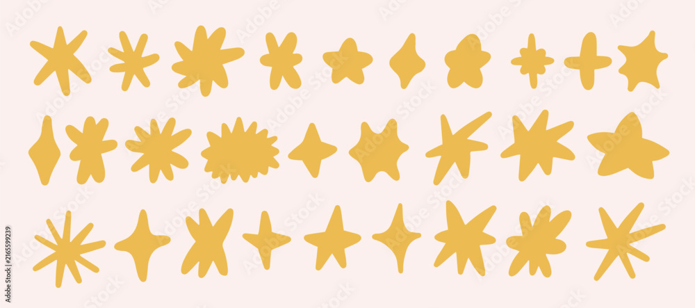 Fototapeta premium Doodle drawn yellow star icons set. Color organic abstract explosion r burst symbol. Silhouettes vector set in flat style