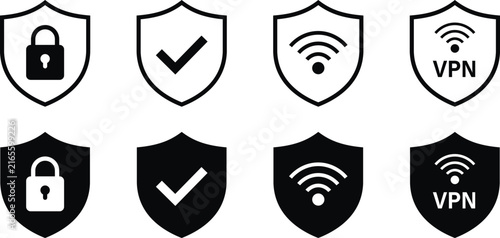 Cyber security shield icons set for internet protection and privacy. Collection of padlock, checkmark, wifi and VPN shield symbols in line and filled styles. Digital safety data vector illustration.