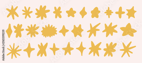 Doodle drawn yellow star icons set. Color organic abstract explosion r burst symbol. Silhouettes vector set in flat style
