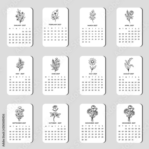 Printable 2027 calendar complete twelve months set minimalist wildflower line art design