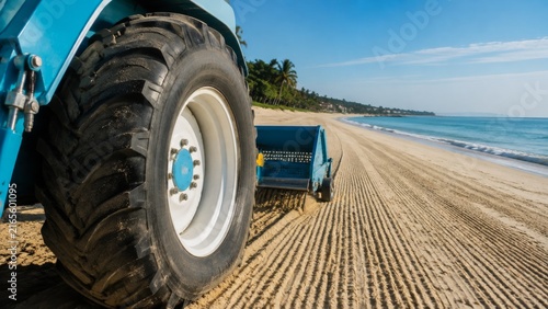 Beach cleaning tractor tire with a rake mechanism in action side view with warm sunset light clear