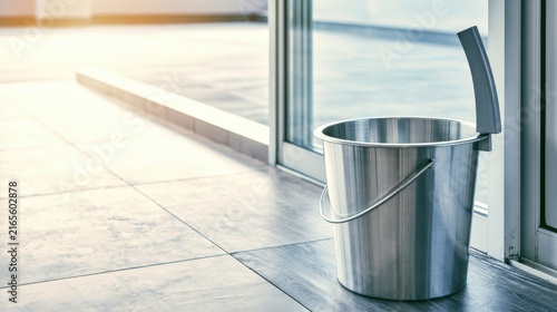 Obraz w ramie Shiny silver stainless steel mop bucket on tiled floor
