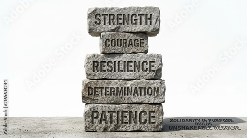 Obraz w ramie Stack of stones with words strength courage resilience determination patience