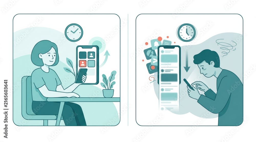 Fototapeta premium People interact with social media on smartphones in a home setting. One user is relaxed while the other looks stressed.