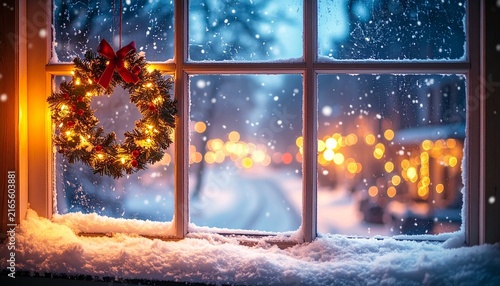 Cozy window with falling snow at night, warm indoor glow and a holiday wreath, copy space
