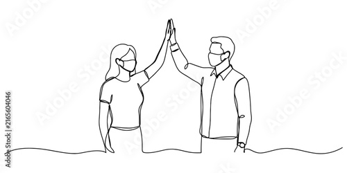 Two happy friends giving a high five as a simple black line drawing illustration that shows a gesture of success and teamwork representing a strong social bond between two people
