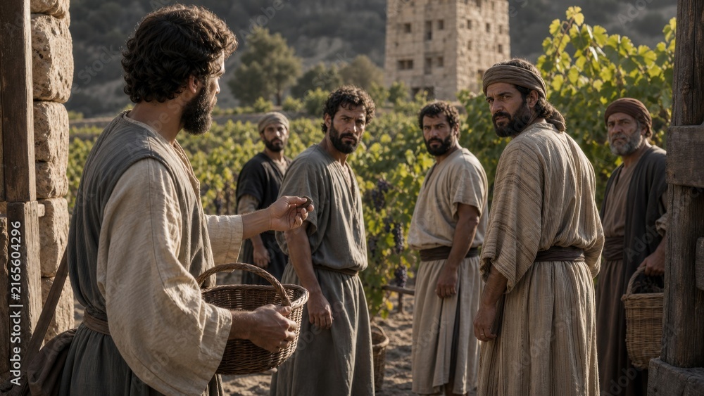 Obraz premium Servant holding basket confronting hostile vineyard tenants in biblical parable. Story of rejected messengers and wicked husbandmen about faith, responsibility and