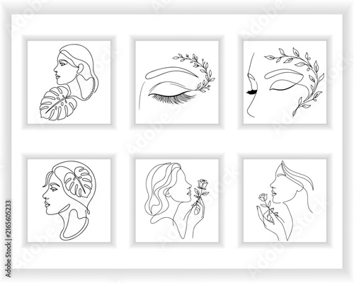 Minimalist woman portrait line art floral botanical face continuous drawing