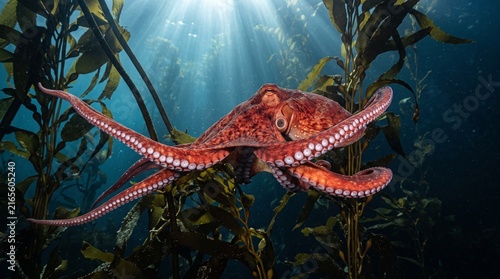 Octopus Swimming Through Underwater Kelp Forest with Sunbeams
