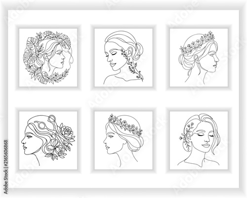 Woman face line art floral wreath botanical portrait minimalist vector design