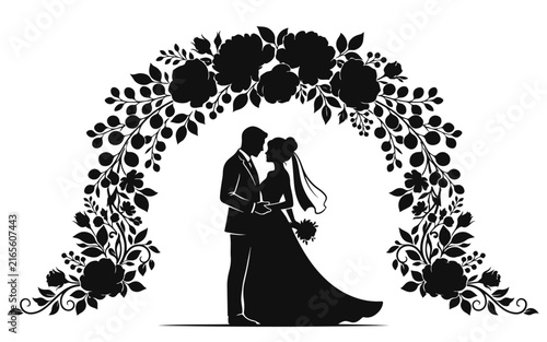 Wedding couple silhouette floral arch romantic marriage love ceremony celebration