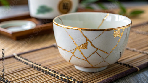Kintsugi broken ceramic bowl repaired with gold