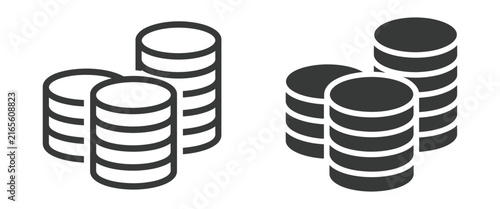 Stacked coin icons, outline and solid currency symbols representing finance, savings, banking, investment, wealth, payments, and financial management.