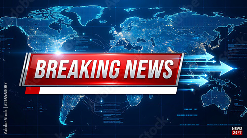 Breaking news broadcast graphic with a digital world map background and motion blur arrows for media reports