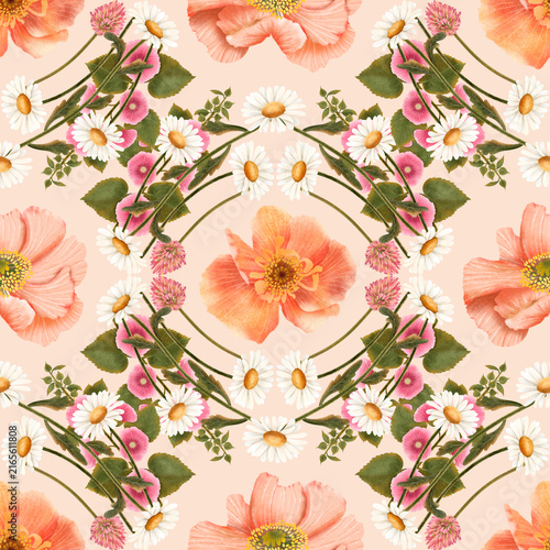 Obraz na plátně Bright kaleidoscopic botanical pattern featuring symmetrical orange poppies, white daisies, and pink clover on a pale peach background