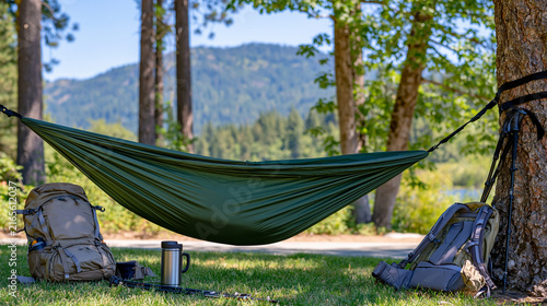 Camping hammock, backpack, thermos and trekking poles hanging or resting beneath tall forest trees, mountain ridge visible through the foliage, peaceful midday wilderness atmosphere, realistic outdo