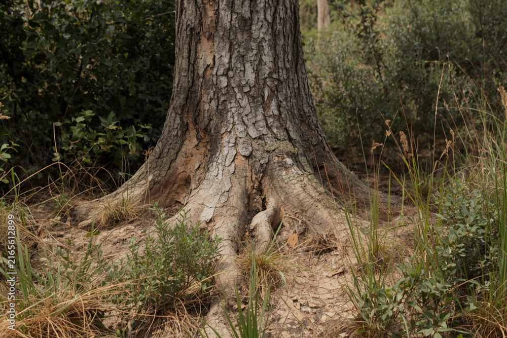 Obraz premium Old Tree Trunk in a Peaceful Forest with Exposed Roots, Green Foliage, Natural Woodland Path, and Serene Spring Landscape
