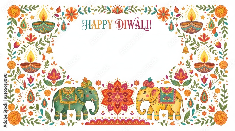 Fototapeta premium Happy diwali festive frame with decorated elephants, diya lamps, marigold flowers, and mandala patterns isolated on white background