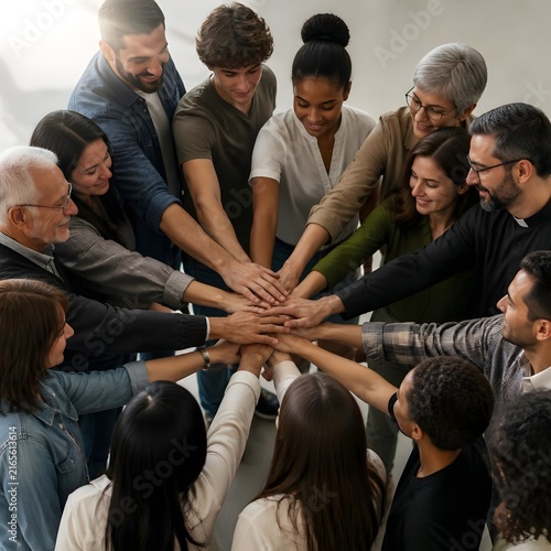 Diverse group of people stacking hands together in a circle for unity and teamwork concept