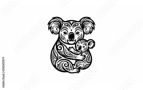 Photography Koala Holding Baby Koala in Traditional Art Style.
