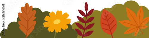 Autumn garden bushes with falling leaves and flowers flat vector